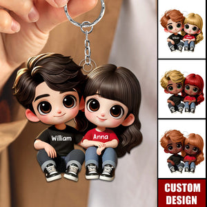 Cartoon Couple Sitting Personalized Keychain, Anniversary Gift For Wife,Husband