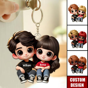 Cartoon Couple Sitting Personalized Keychain, Anniversary Gift For Wife,Husband