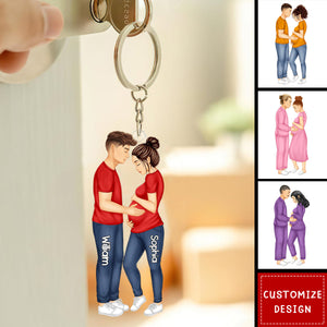Baby Arriving Expecting Family Personalized Couple Keychain - Gift For Wife,Husband,Anniversary