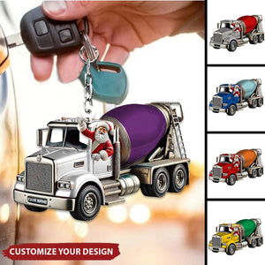 Personalized Cement Mixer Santa Keychain - Unique Holiday Gift for Construction Fans