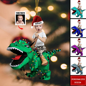 Cute Kid/Adult Rides The Dinosaur Kid/Adult-Personalized Photo Acrylic Ornaments-2024 New Release Christmas Gift