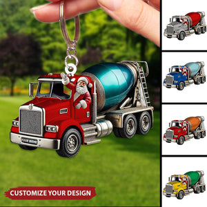 Personalized Cement Mixer Santa Keychain - Unique Holiday Gift for Construction Fans
