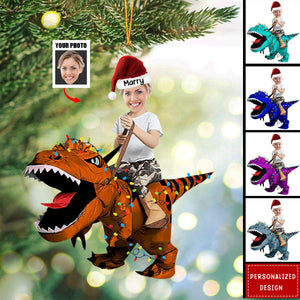 Cute Kid/Adult Rides The Dinosaur Kid/Adult-Personalized Photo Acrylic Ornaments-2024 New Release Christmas Gift