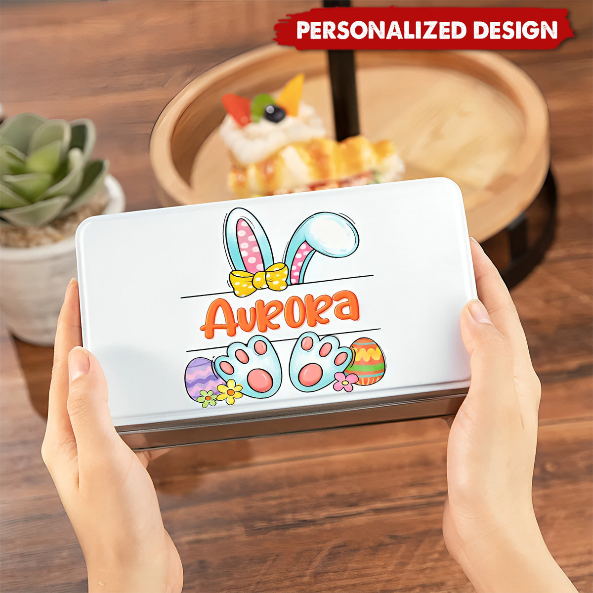 Cute Bunny Easter Eggs-Personalized Metal Biscuit Tin-Easter Gift for Kids