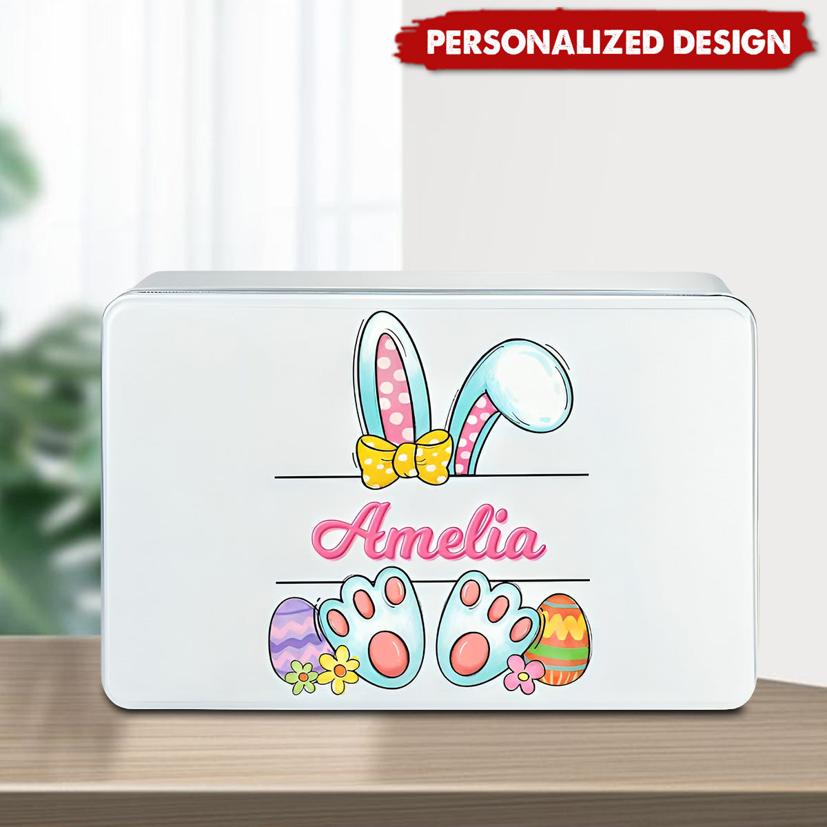 Cute Bunny Easter Eggs-Personalized Metal Biscuit Tin-Easter Gift for Kids