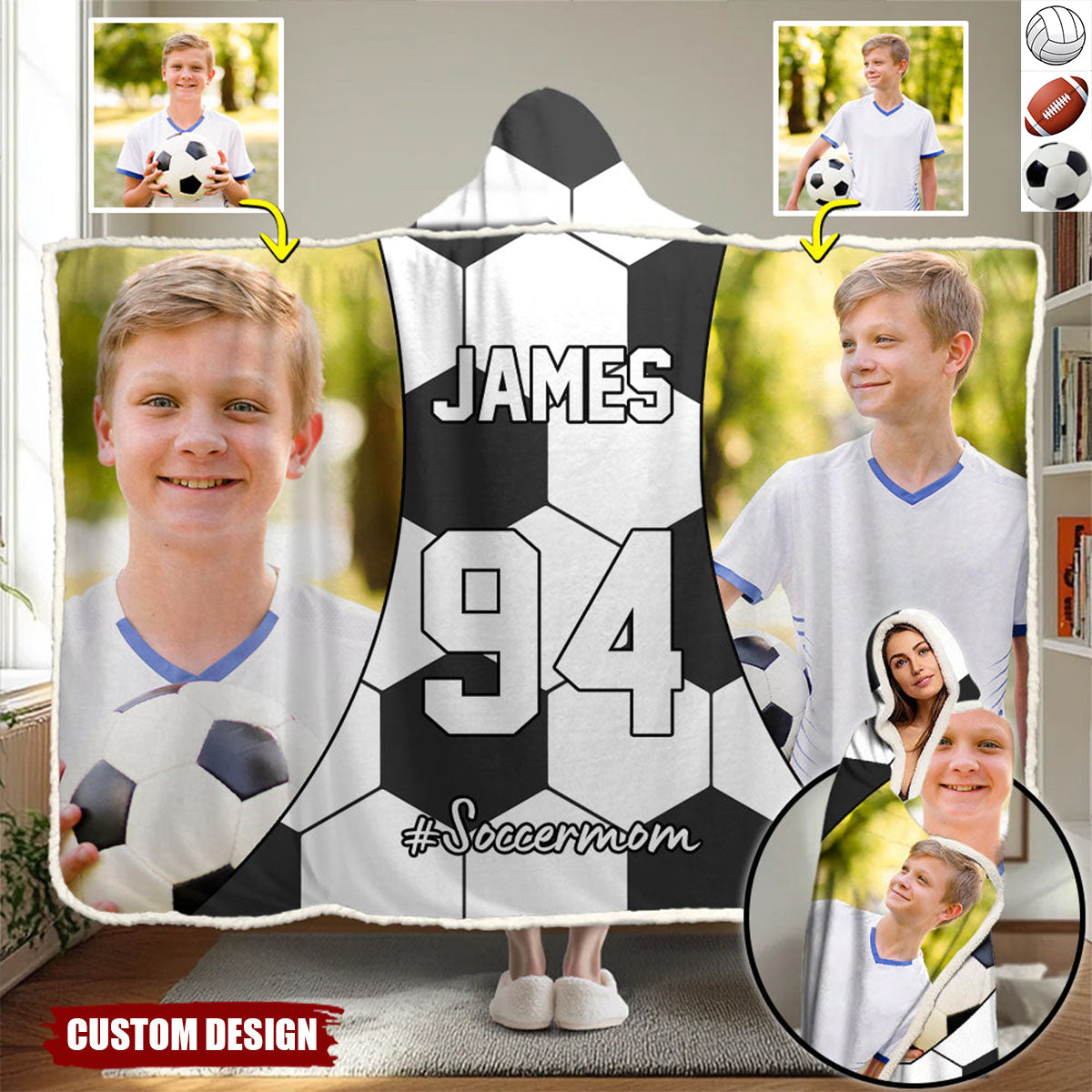 Personalized Photo Wearable Blanket Hoodie - Gift For Football,Soccer,Volleyball Lovers
