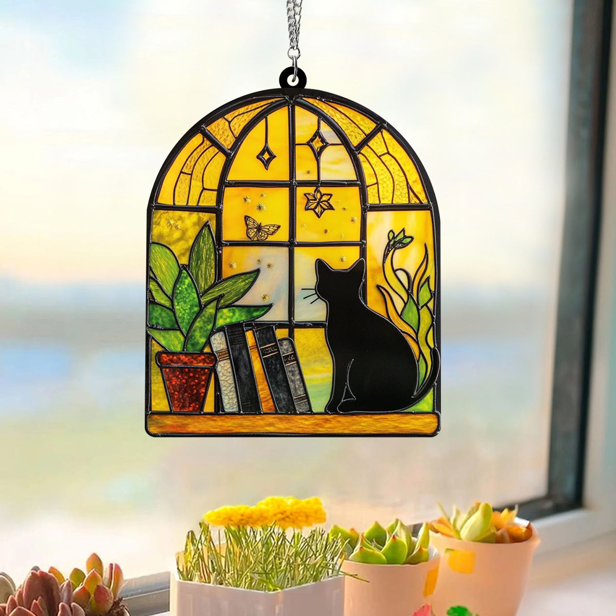 Black Cat And Book Suncatcher Ornament, Gift For Book Lovers