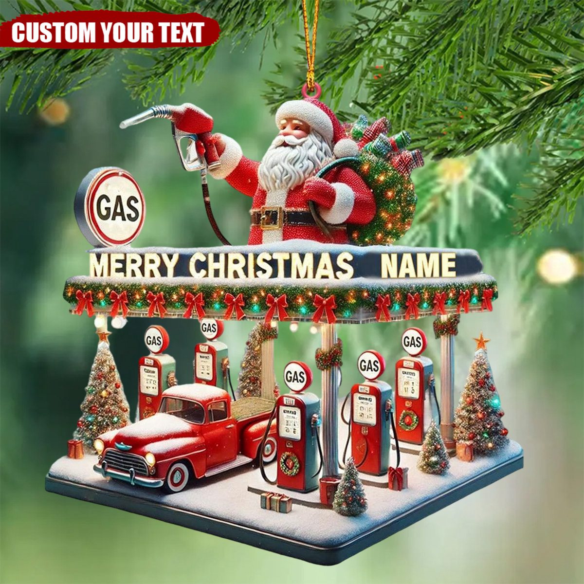 Personalized Gas Station Santa Christmas Ornament - Gift For Auto Enthusiasts - 2024 New Release