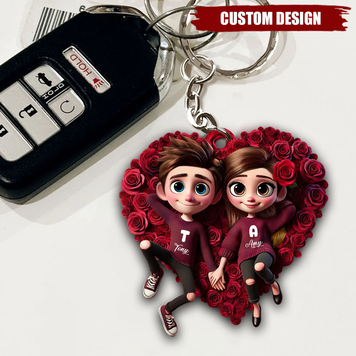 Rose Heart Couple Personalized Keychain, Anniversary Gift For Couple