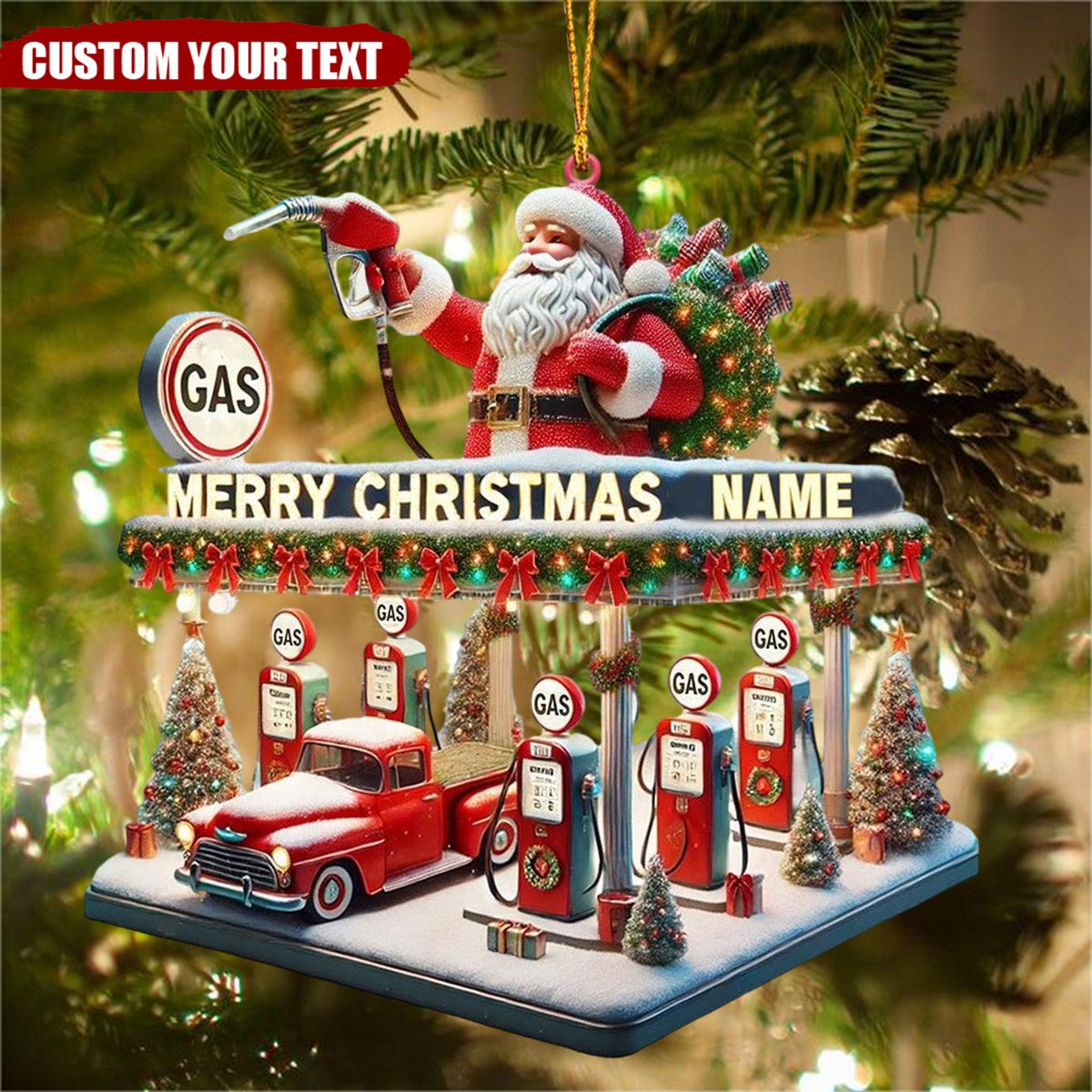 Personalized Gas Station Santa Christmas Ornament - Gift For Auto Enthusiasts - 2024 New Release