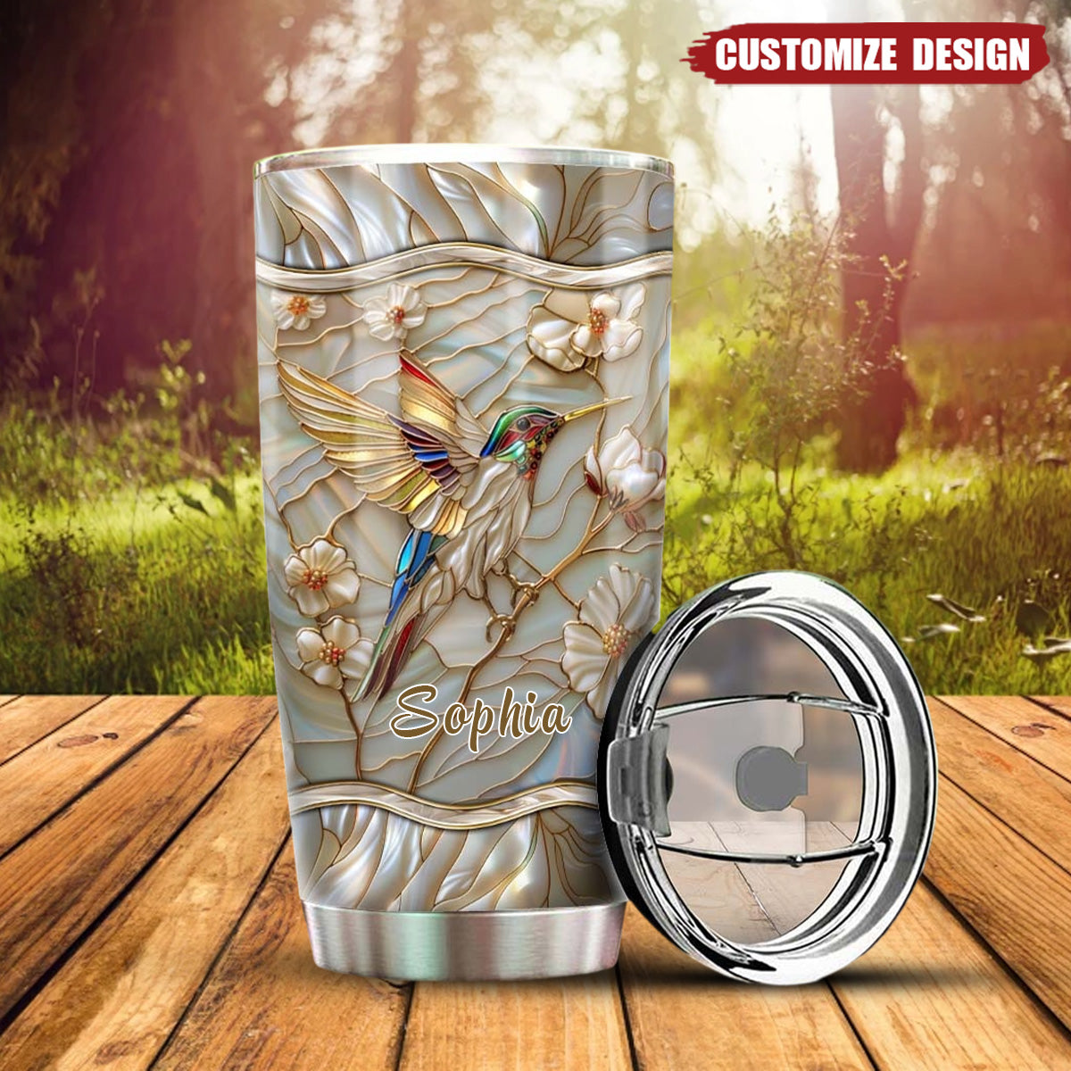 Stained Glass Hummingbird Personalized Name Tumbler