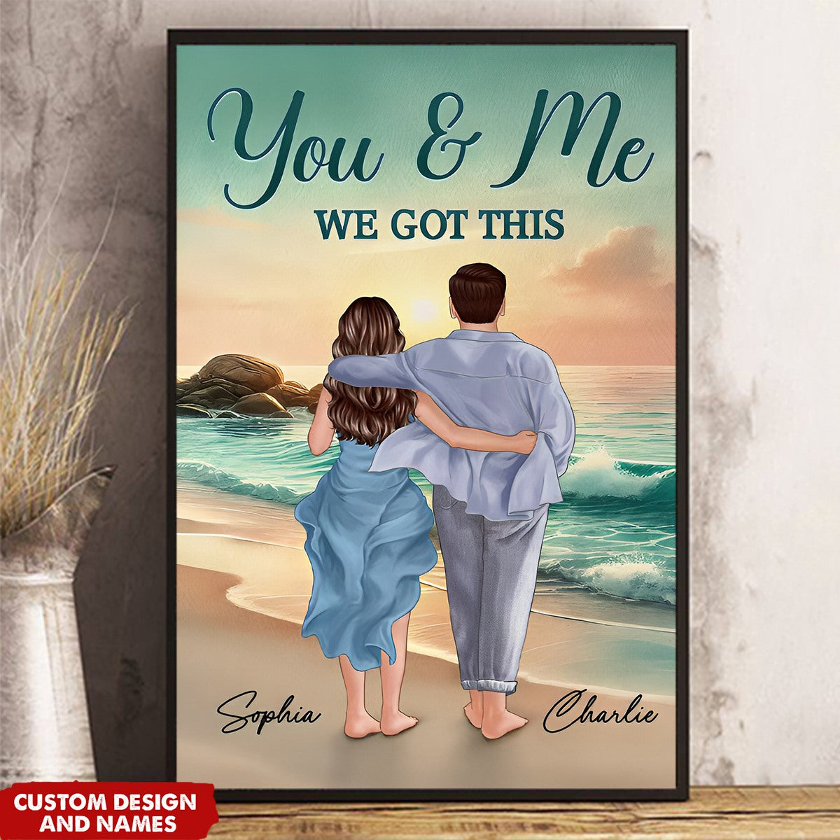 Personalized Back View Couple Embracing & Walking On The Beach Poster, Heartfelt Gift For Couple