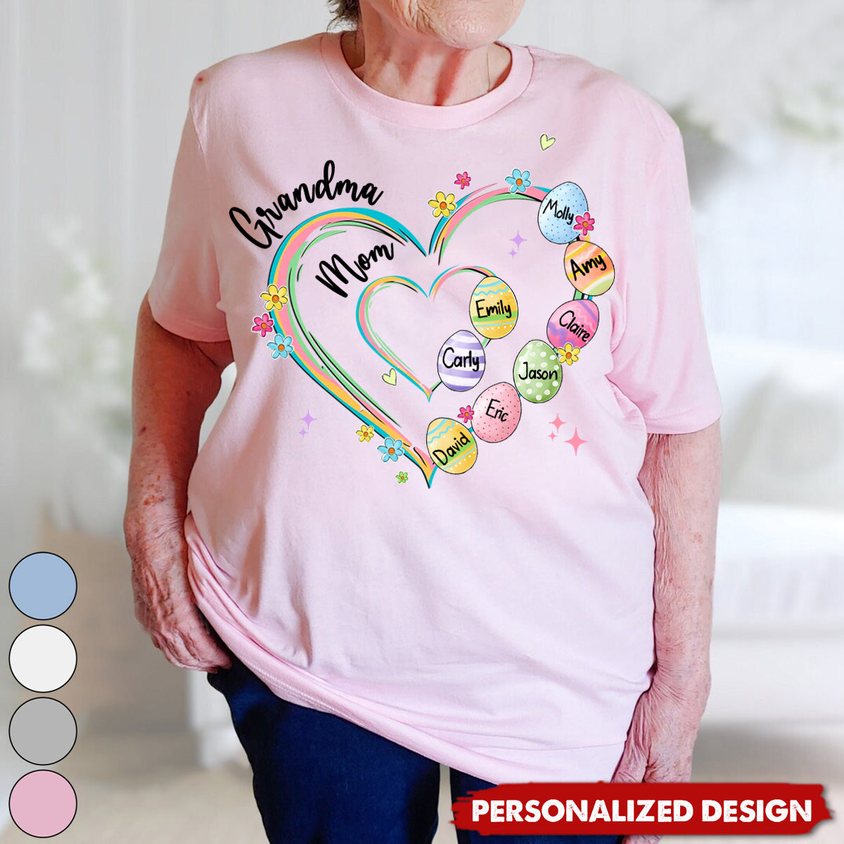 Heart Grandkid Name-Personalized T-Shirt-Gift For Grandma Mom Easter Day