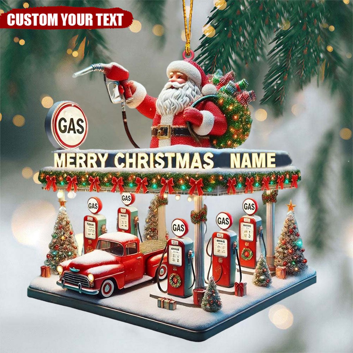 Personalized Gas Station Santa Christmas Ornament - Gift For Auto Enthusiasts - 2024 New Release