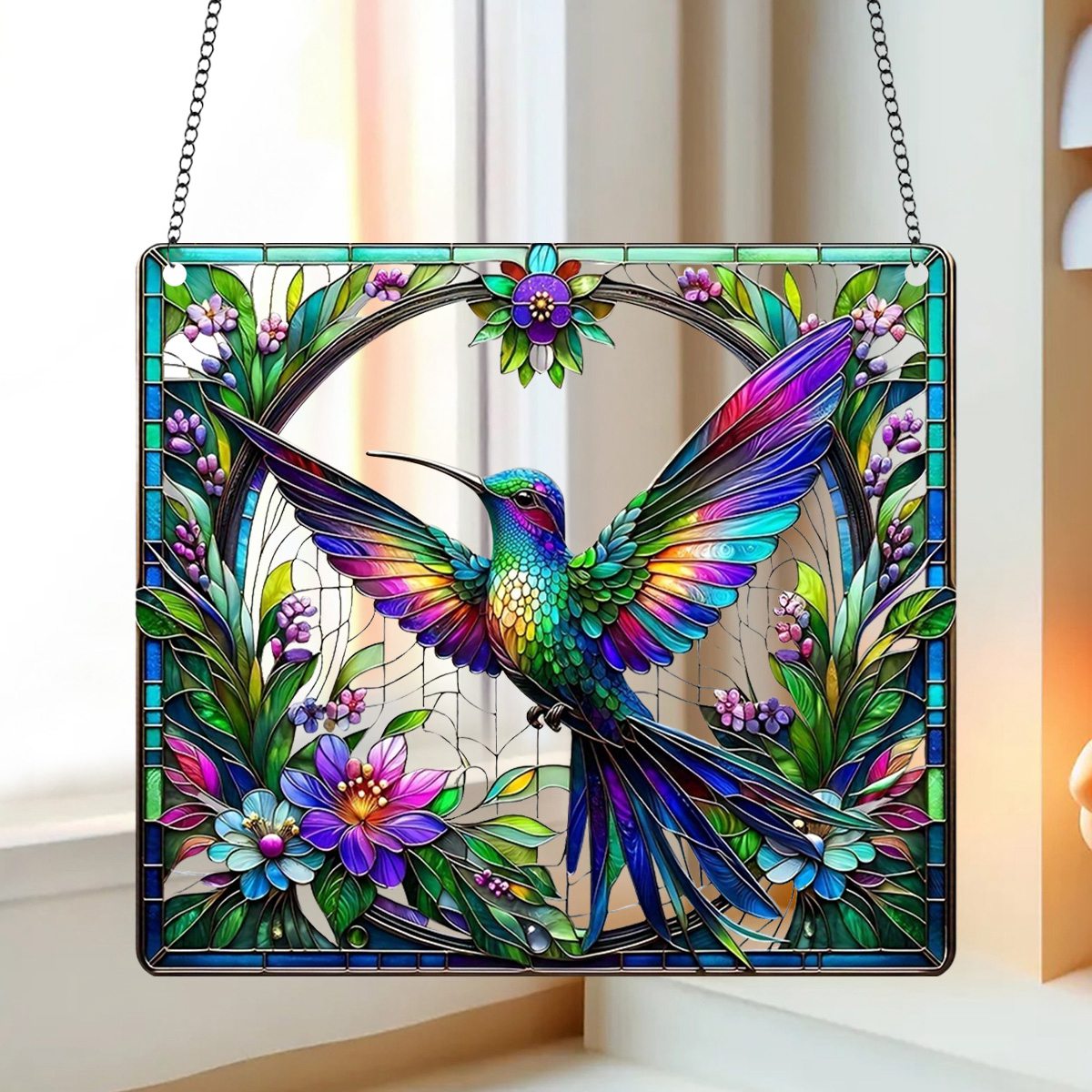 Square Hummingbird Suncatcher-Outdoor Indoor Gift for Family and Best Friends