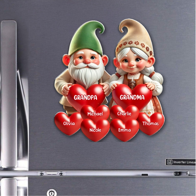 3D Effect Gnome Grandma Grandpa Mom Dad With Heart Kids Personalized Acrylic Fridge Magnet