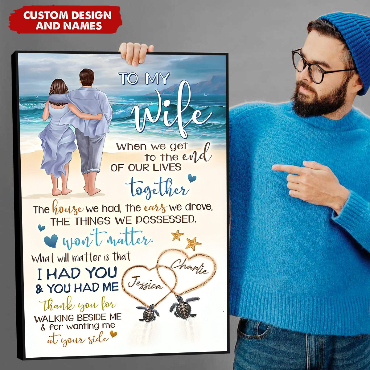 Personalized Back View Couple Walking On The Beach To My Wife Husband Vertical Poster