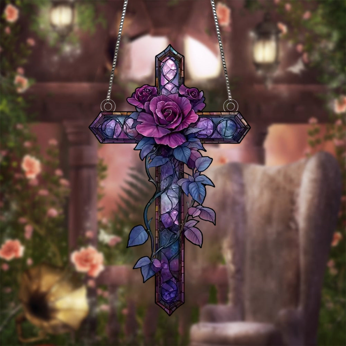 Purple Rose Cross Suncatche-Gift for Family and Best Friends