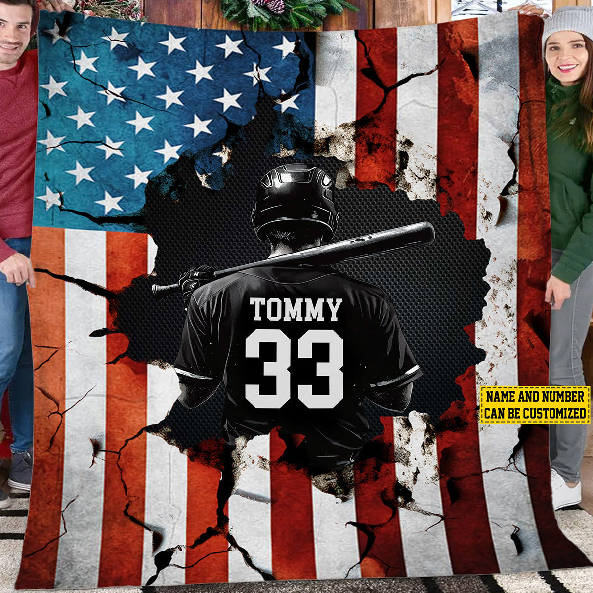 Personalized Baseball Boy American Flag Blanket - Gift For Baseball Lovers