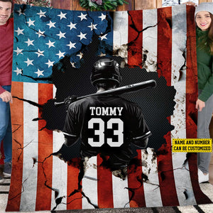 Personalized Baseball Boy American Flag Blanket - Gift For Baseball Lovers