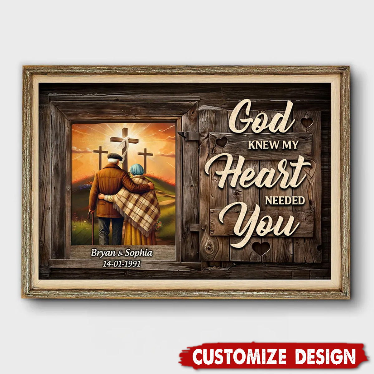 Cross God Knew My Heart Needed You Old Couple Walking Hugging Personalized Poster-Gift For Couples Anniversary