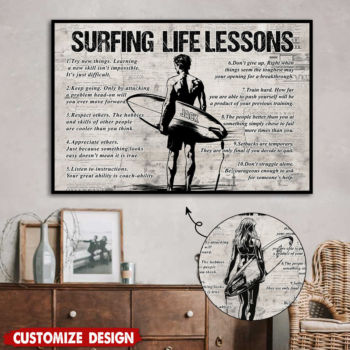 Personalized Surfing Life Lessons Poster-Gift For Surfing Lovers