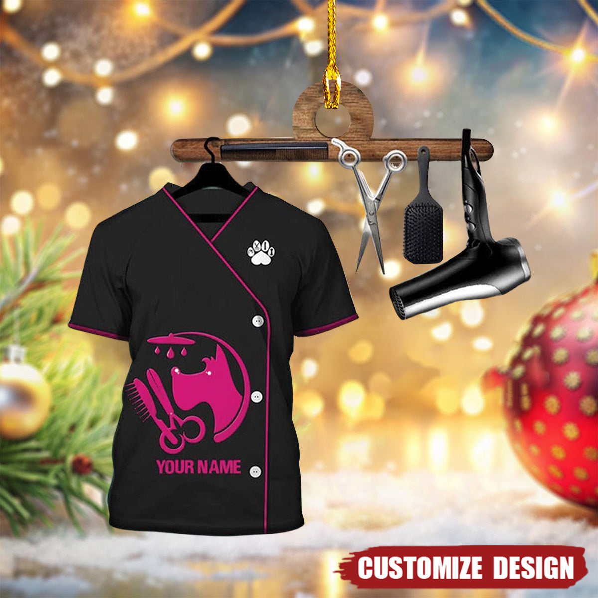 2024 New Release Personalized Pet Groomer Uniform Pink Christmas Ornament-Gifts For Pet Groomer