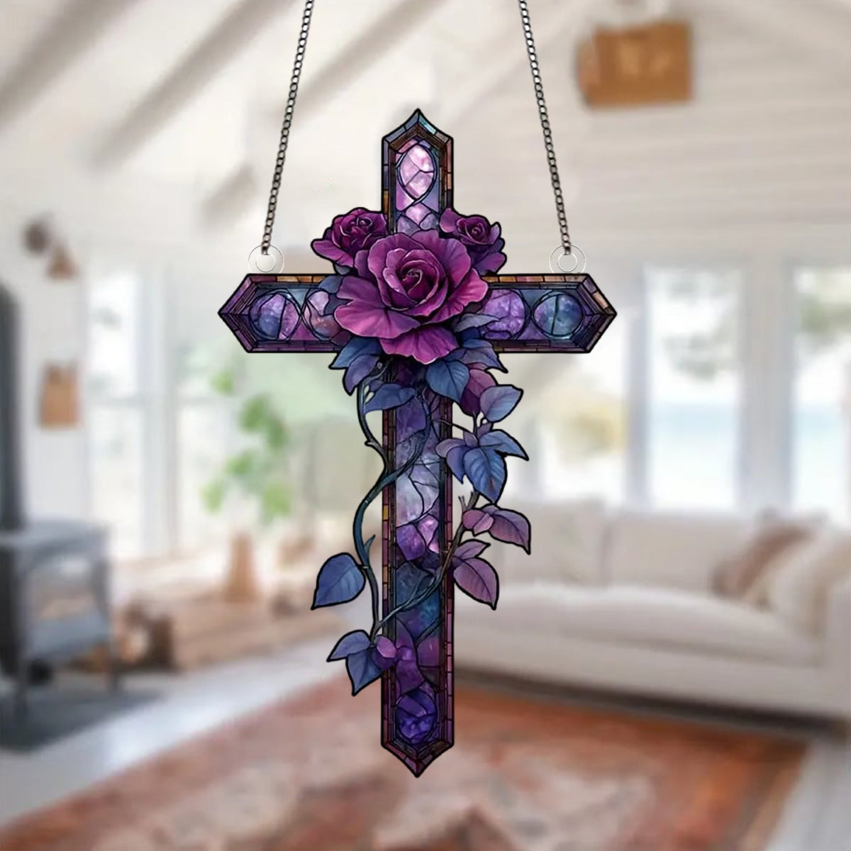 Purple Rose Cross Suncatche-Gift for Family and Best Friends