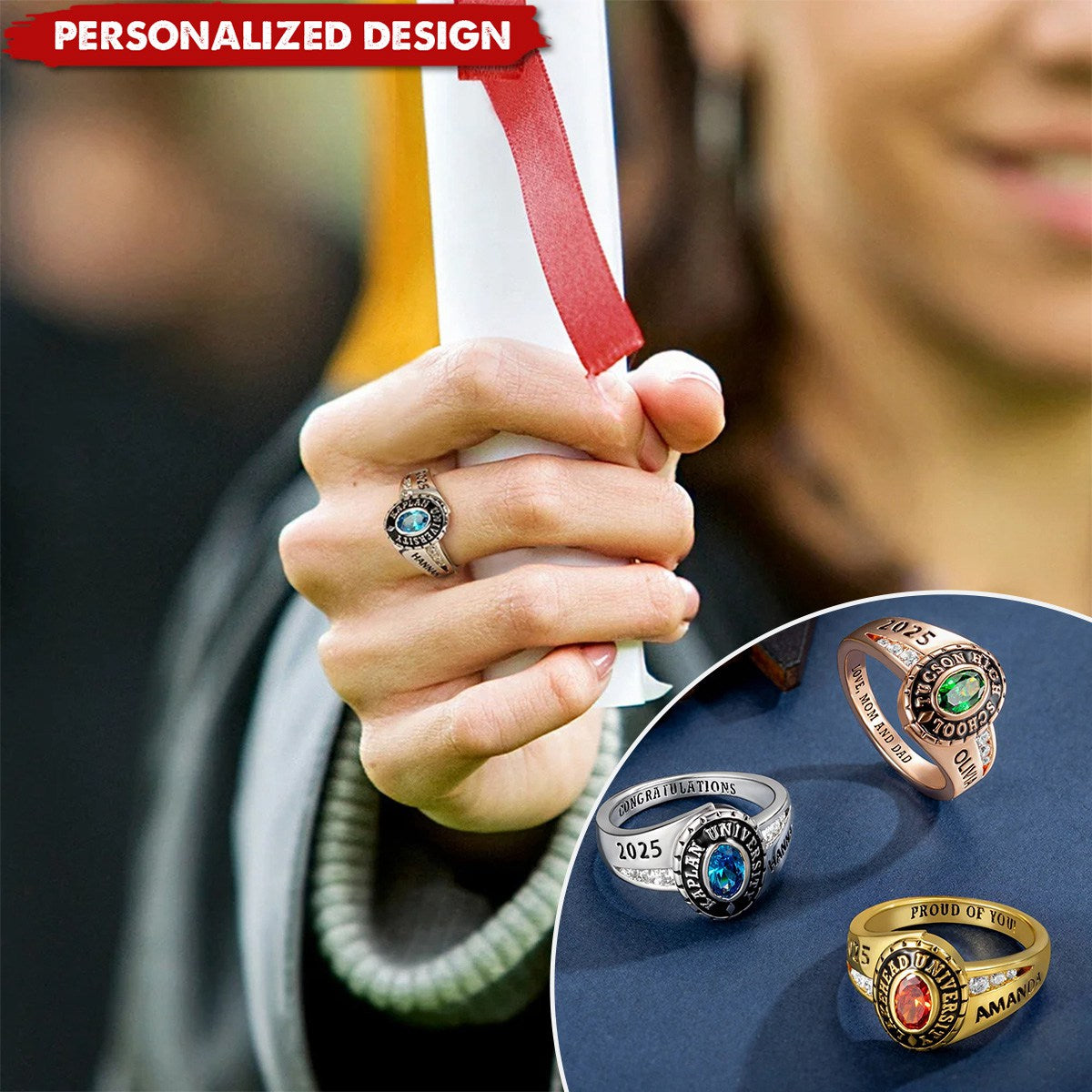 Personalized Engraved Birthstone Graduation Ring-Graduation Gift for Class of Graduates