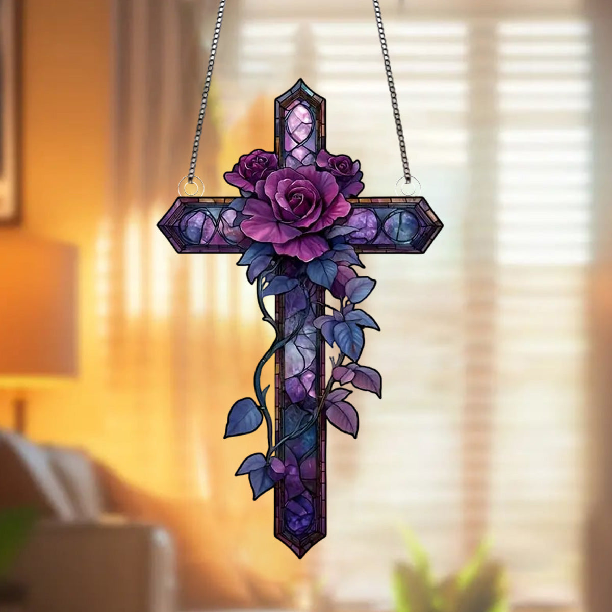 Purple Rose Cross Suncatche-Gift for Family and Best Friends