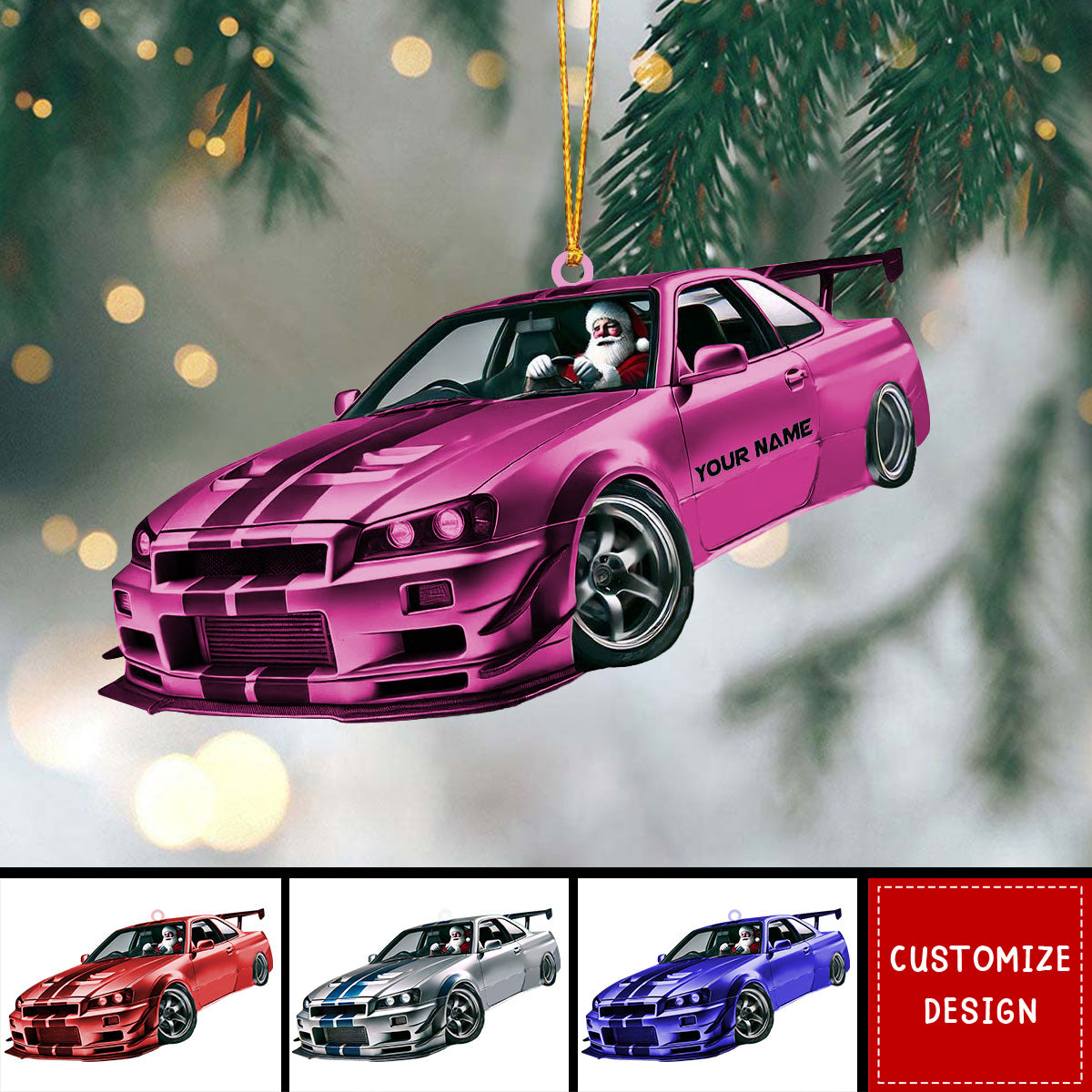 Personalized Racing Car Christmas Ornament, Santa Driving Sports Car - 2024 New Release