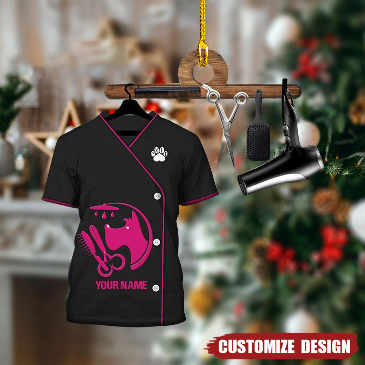2024 New Release Personalized Pet Groomer Uniform Pink Christmas Ornament-Gifts For Pet Groomer