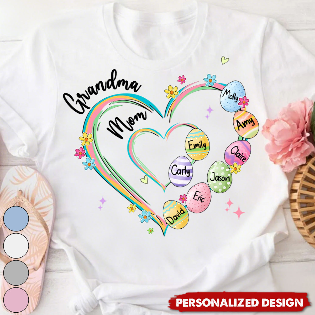 Heart Grandkid Name-Personalized T-Shirt-Gift For Grandma Mom Easter Day