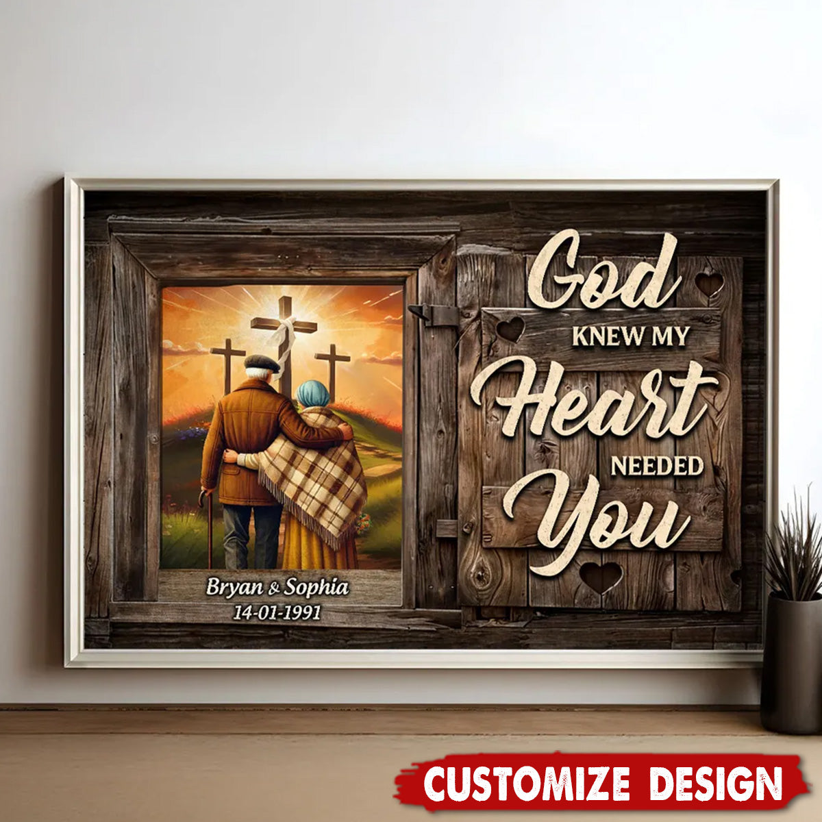 Cross God Knew My Heart Needed You Old Couple Walking Hugging Personalized Poster-Gift For Couples Anniversary