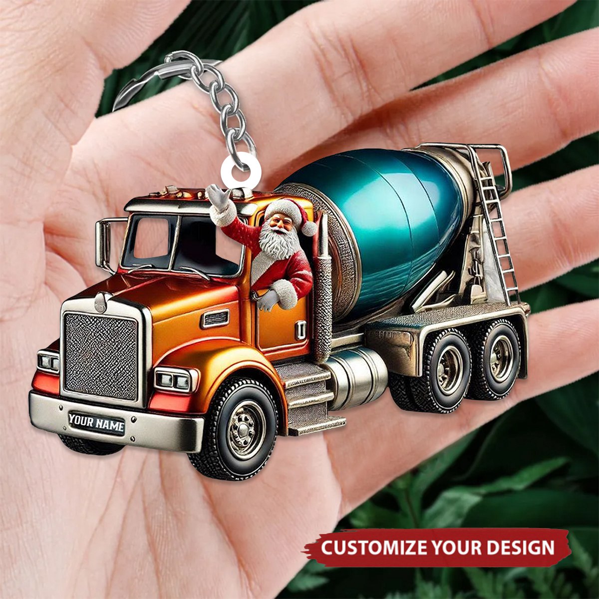 Personalized Cement Mixer Santa Keychain - Unique Holiday Gift for Construction Fans
