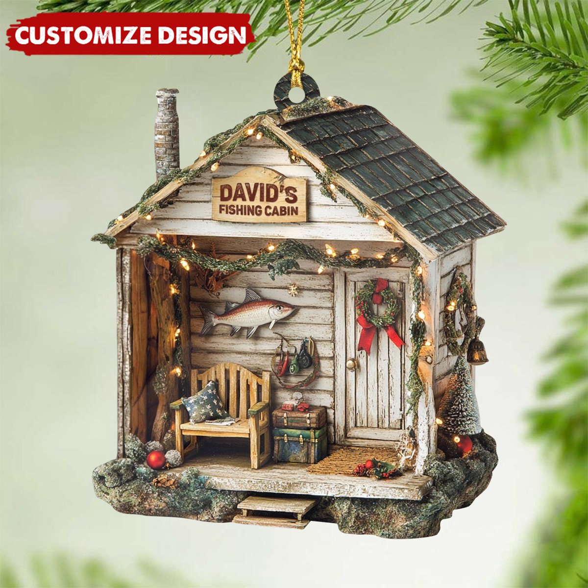 Personalized Dreamy Fishing Cabin Christmas Ornament - Gift For Fishing Lovers