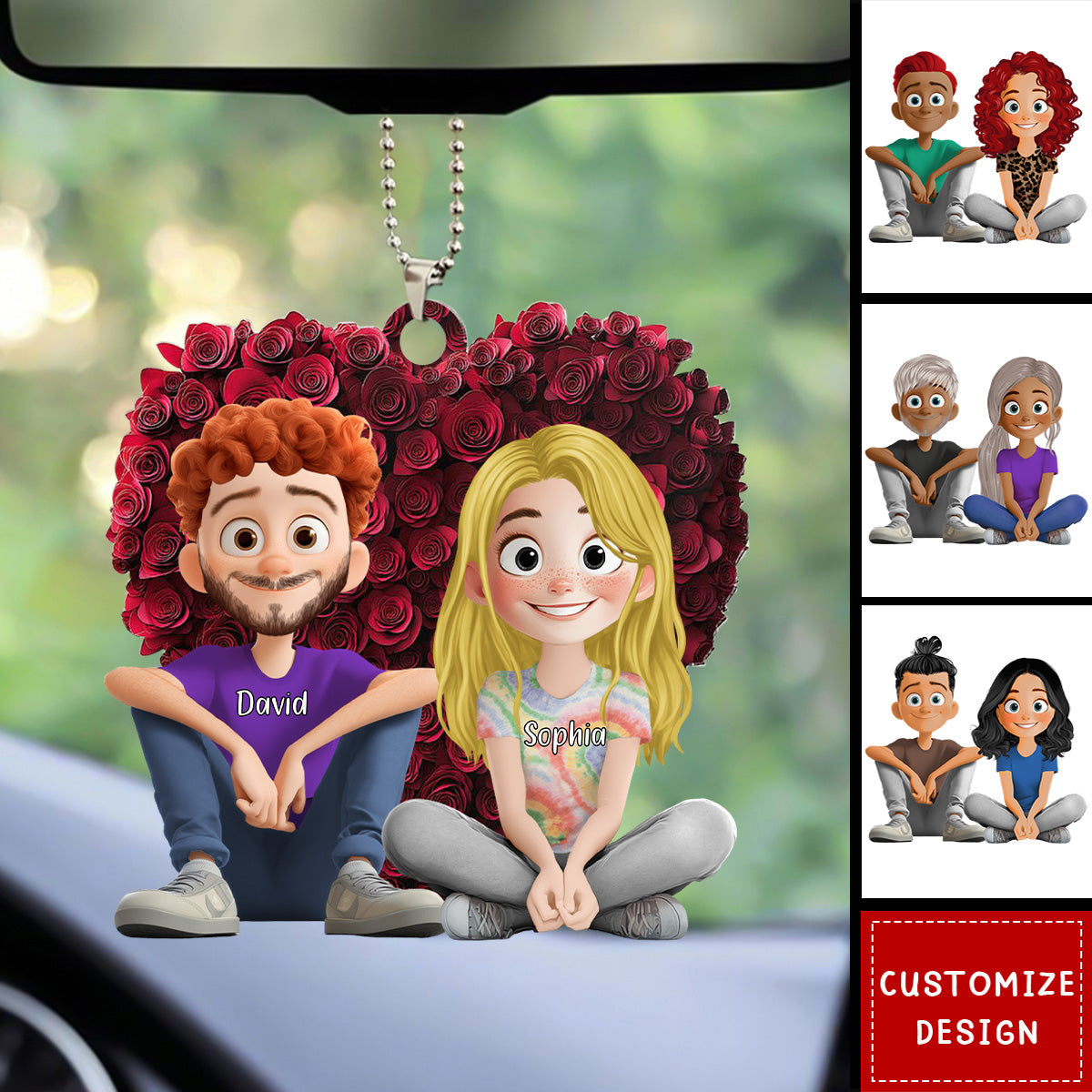 Couple With Rose Heart - Personalized Acrylic Car Ornament-Gift For Couple