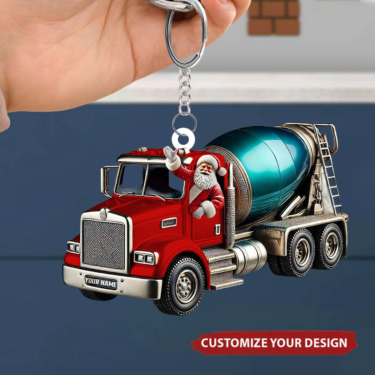 Personalized Cement Mixer Santa Keychain - Unique Holiday Gift for Construction Fans