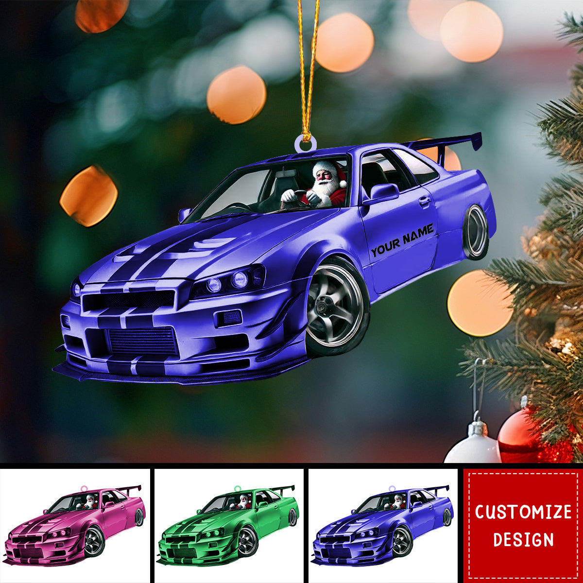 Personalized Racing Car Christmas Ornament, Santa Driving Sports Car - 2024 New Release
