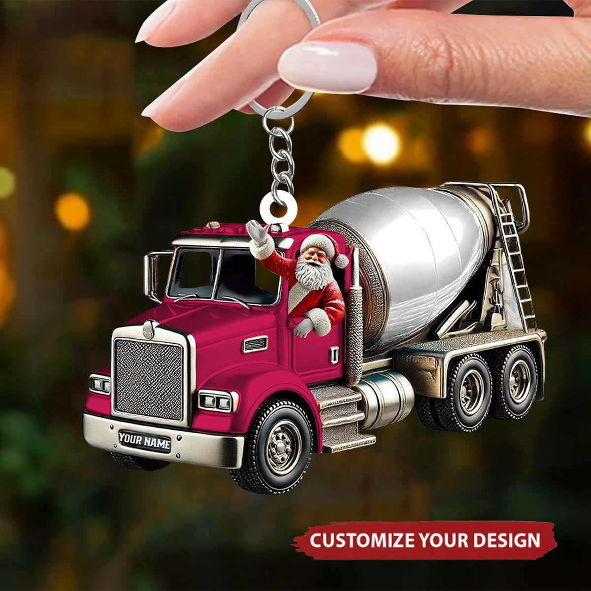 Personalized Cement Mixer Santa Keychain - Unique Holiday Gift for Construction Fans
