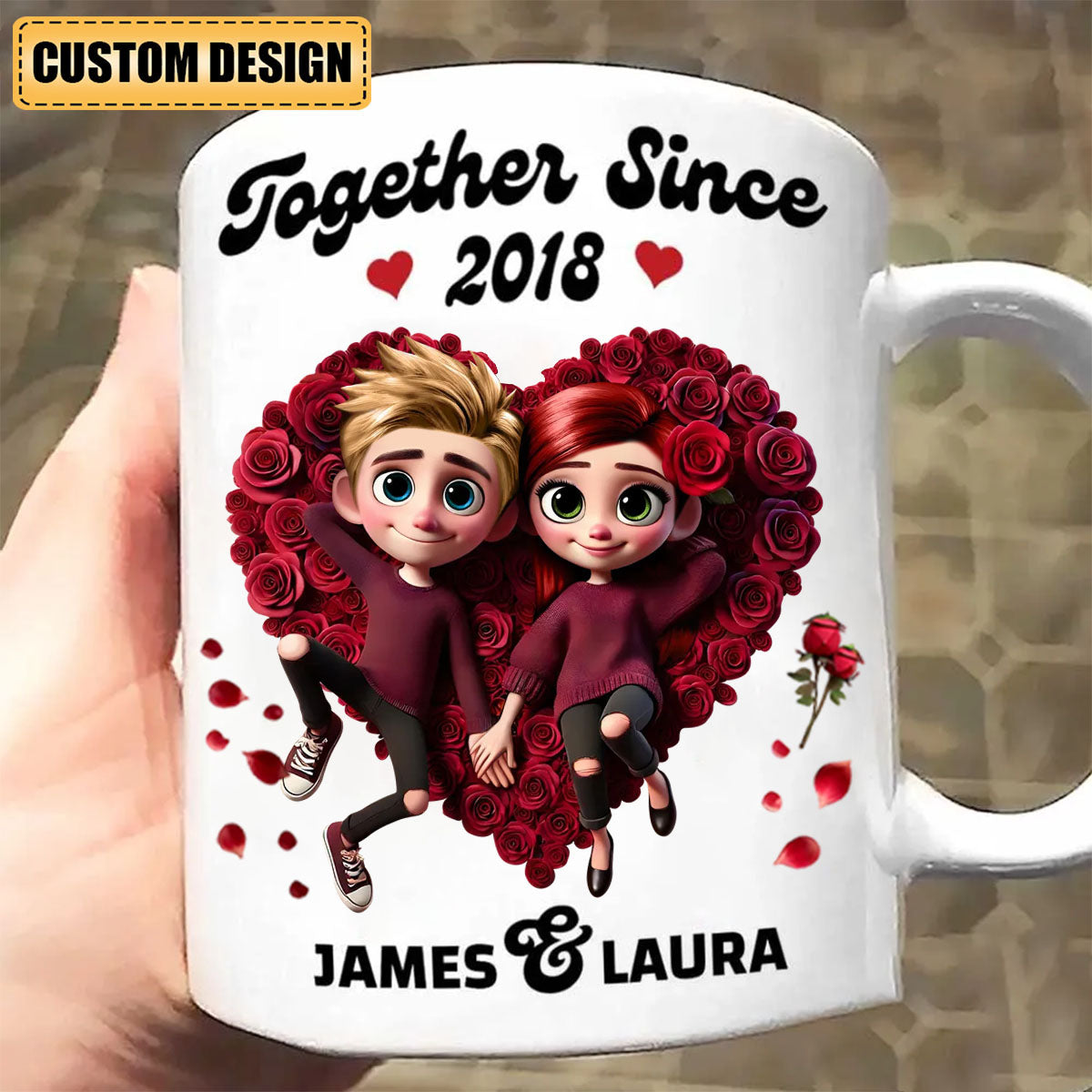 Together Since-Personalized Rose Heart Couple Mug, Anniversary Gift For Couple