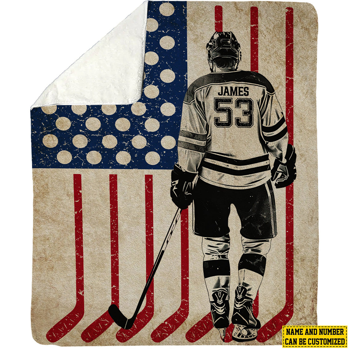 Personalized Hockey Boy American Flag Blanket - Gift For Hockey Lovers