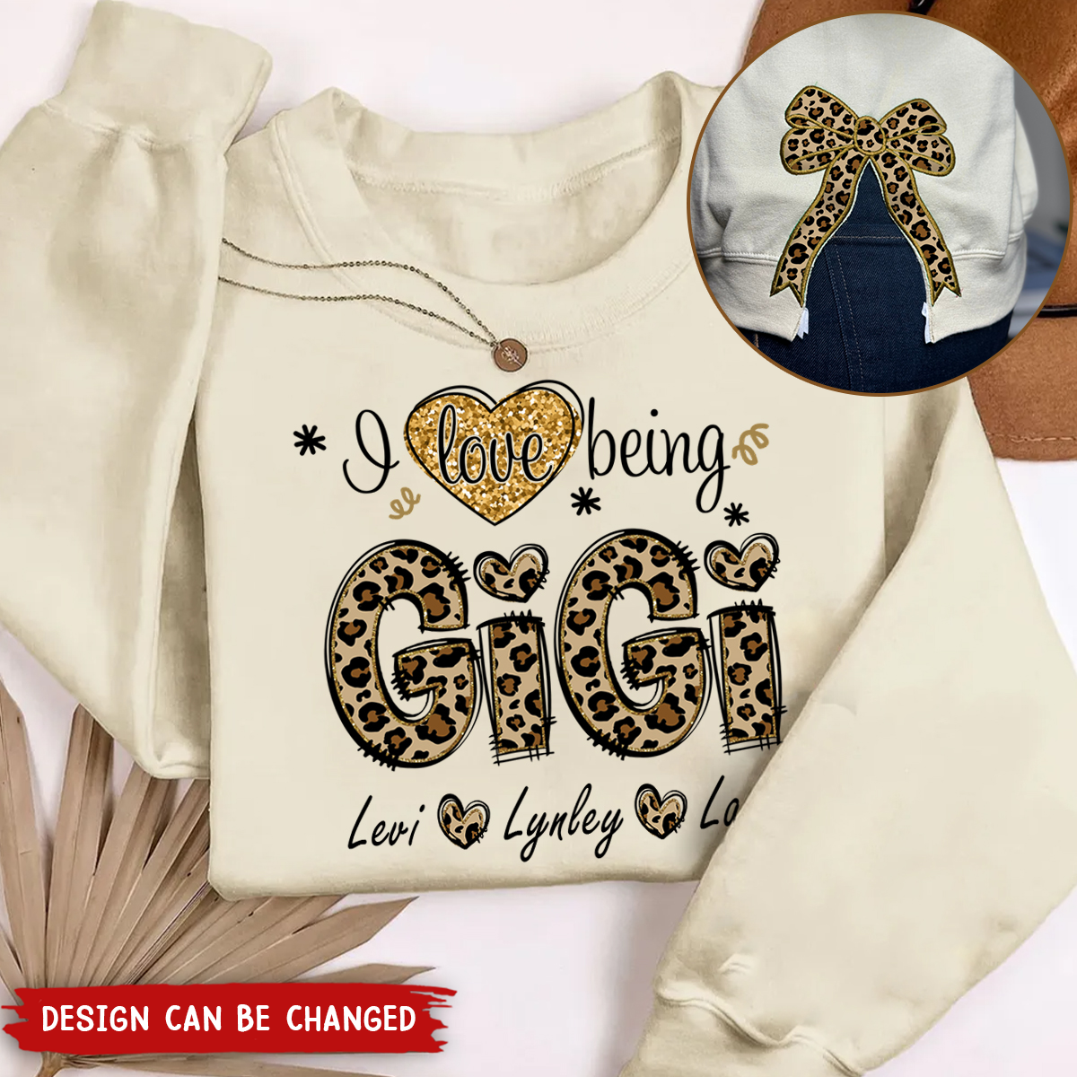 I Love Being Mimi Leopard Christmas Bow Embellished Sweatshirt - Custom Side Bow Cut-Out Sweatshirt