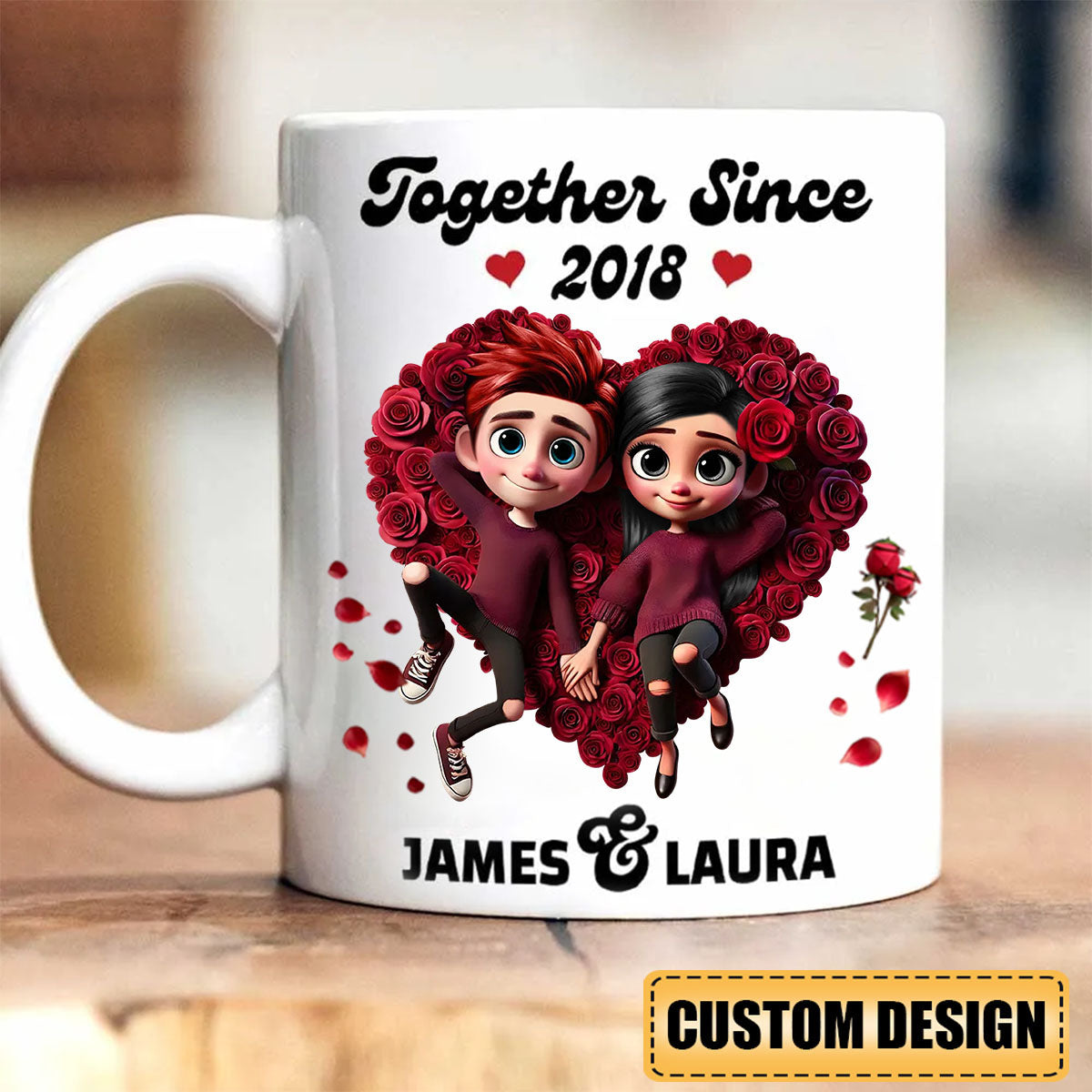 Together Since-Personalized Rose Heart Couple Mug, Anniversary Gift For Couple