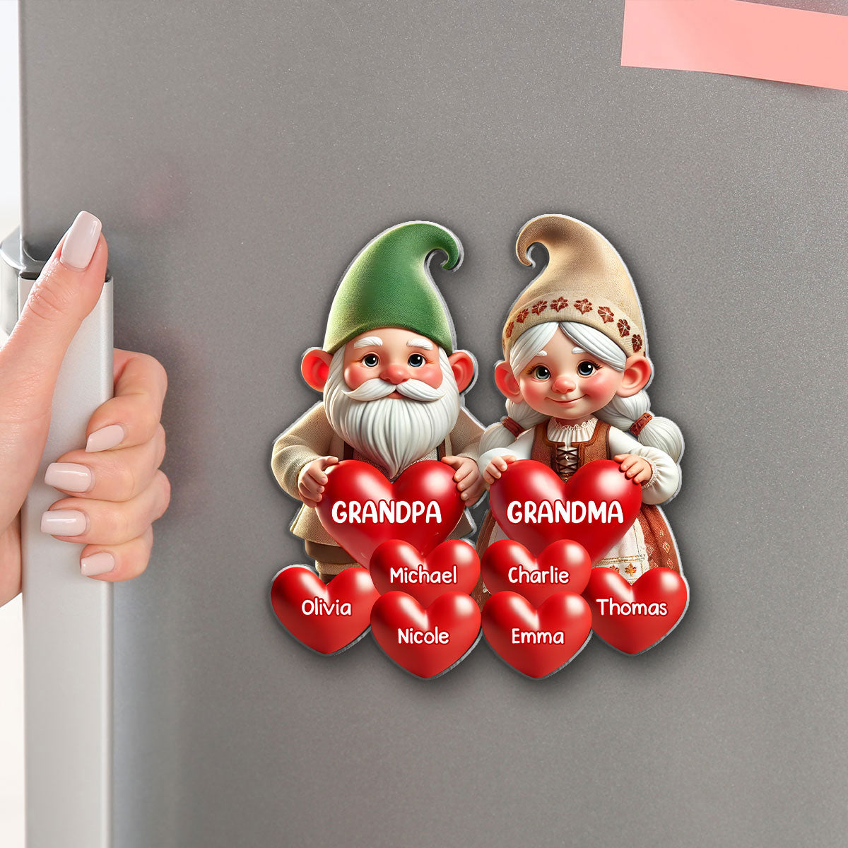3D Effect Gnome Grandma Grandpa Mom Dad With Heart Kids Personalized Acrylic Fridge Magnet