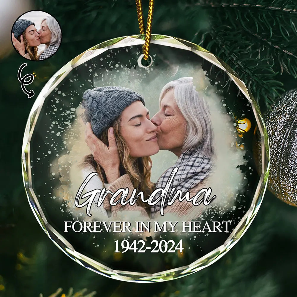 Custom Photo Memorial Forever Our My Hearts - Personalized Circle Glass Ornament
