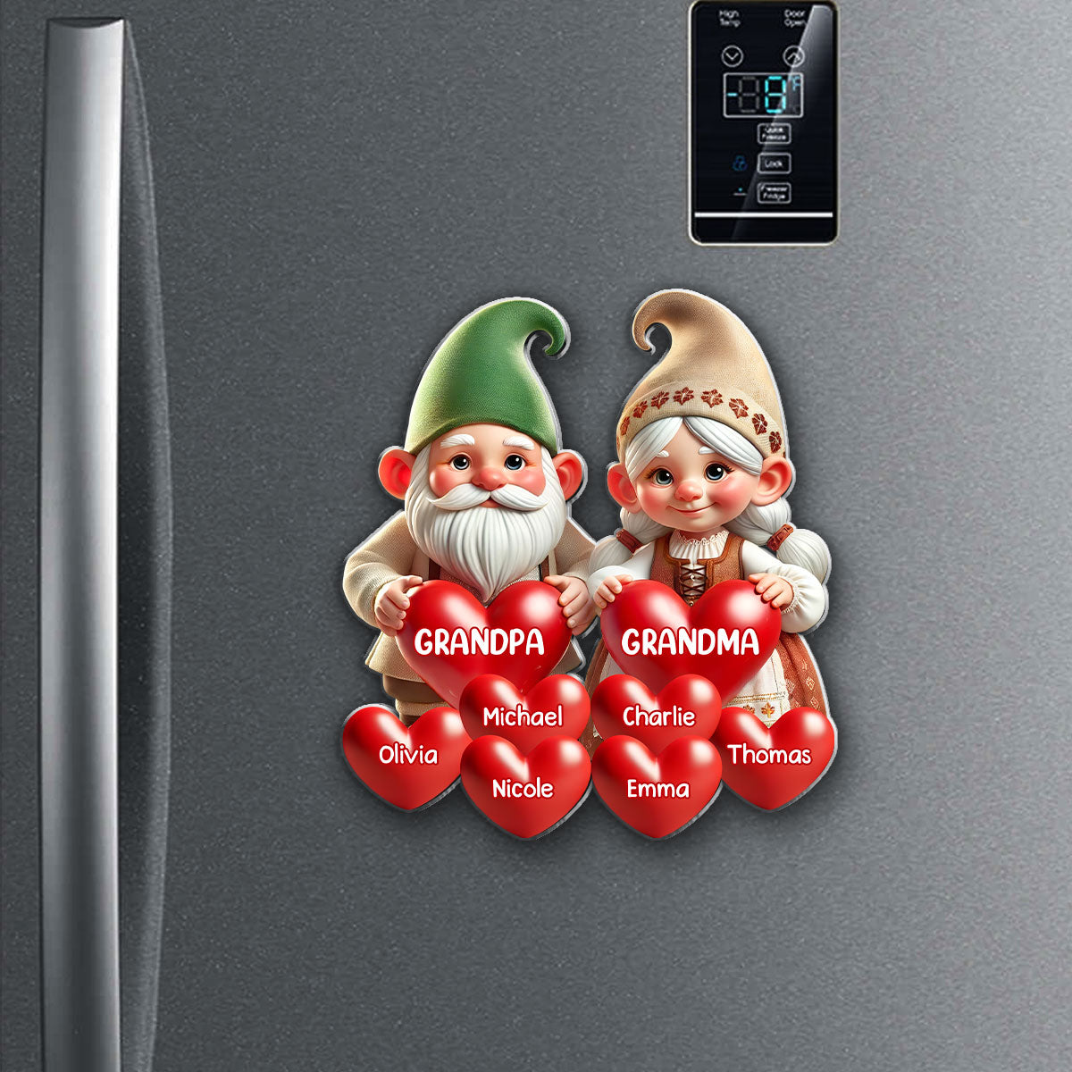 3D Effect Gnome Grandma Grandpa Mom Dad With Heart Kids Personalized Acrylic Fridge Magnet