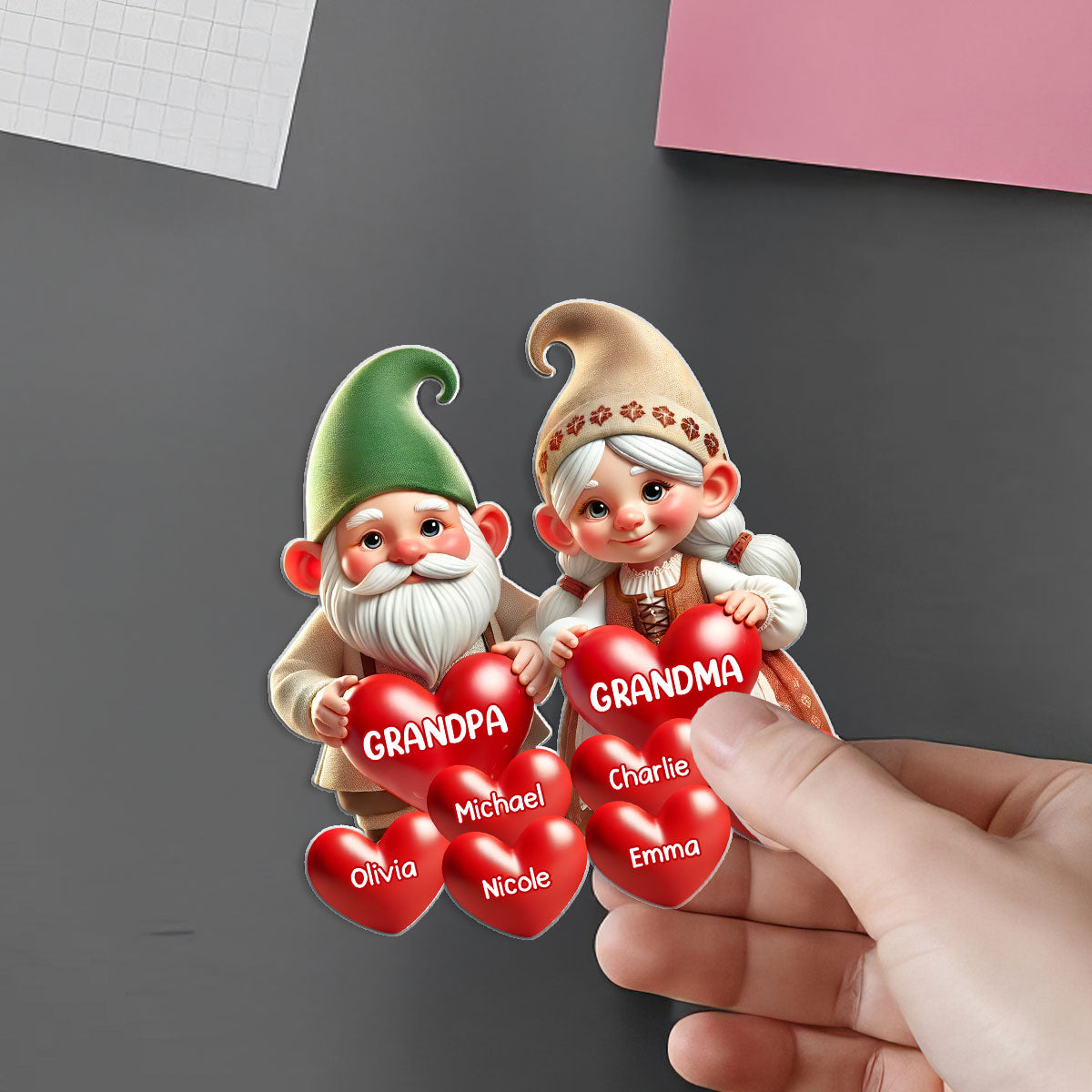 3D Effect Gnome Grandma Grandpa Mom Dad With Heart Kids Personalized Acrylic Fridge Magnet