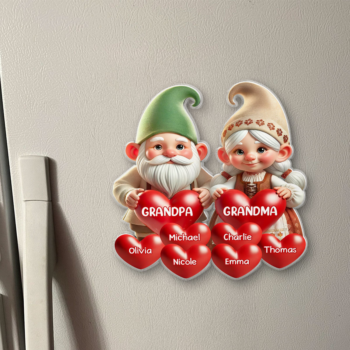 3D Effect Gnome Grandma Grandpa Mom Dad With Heart Kids Personalized Acrylic Fridge Magnet