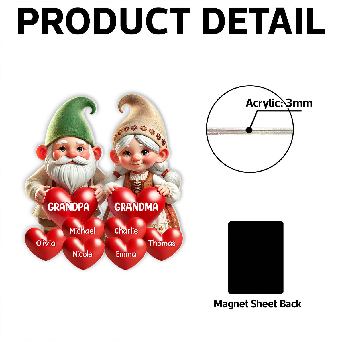 3D Effect Gnome Grandma Grandpa Mom Dad With Heart Kids Personalized Acrylic Fridge Magnet